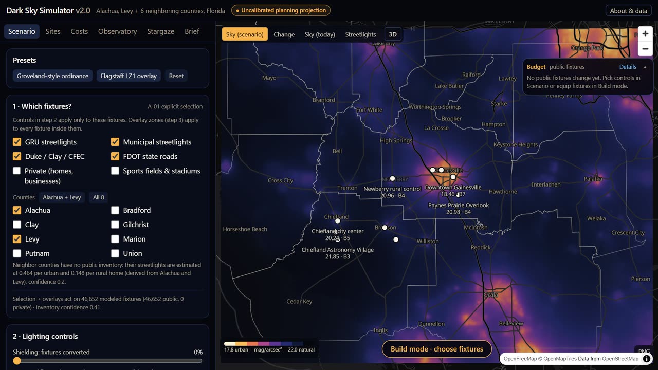 Dark Sky Simulator: a skyglow map of Alachua, Levy and neighboring counties with the scenario panel