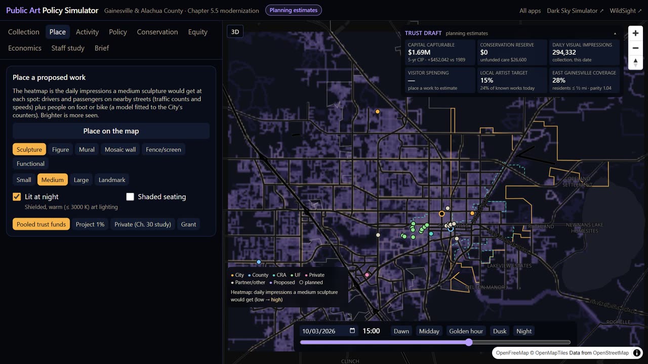 Public Art Policy Simulator: a visibility heatmap of Gainesville with artworks and key policy figures